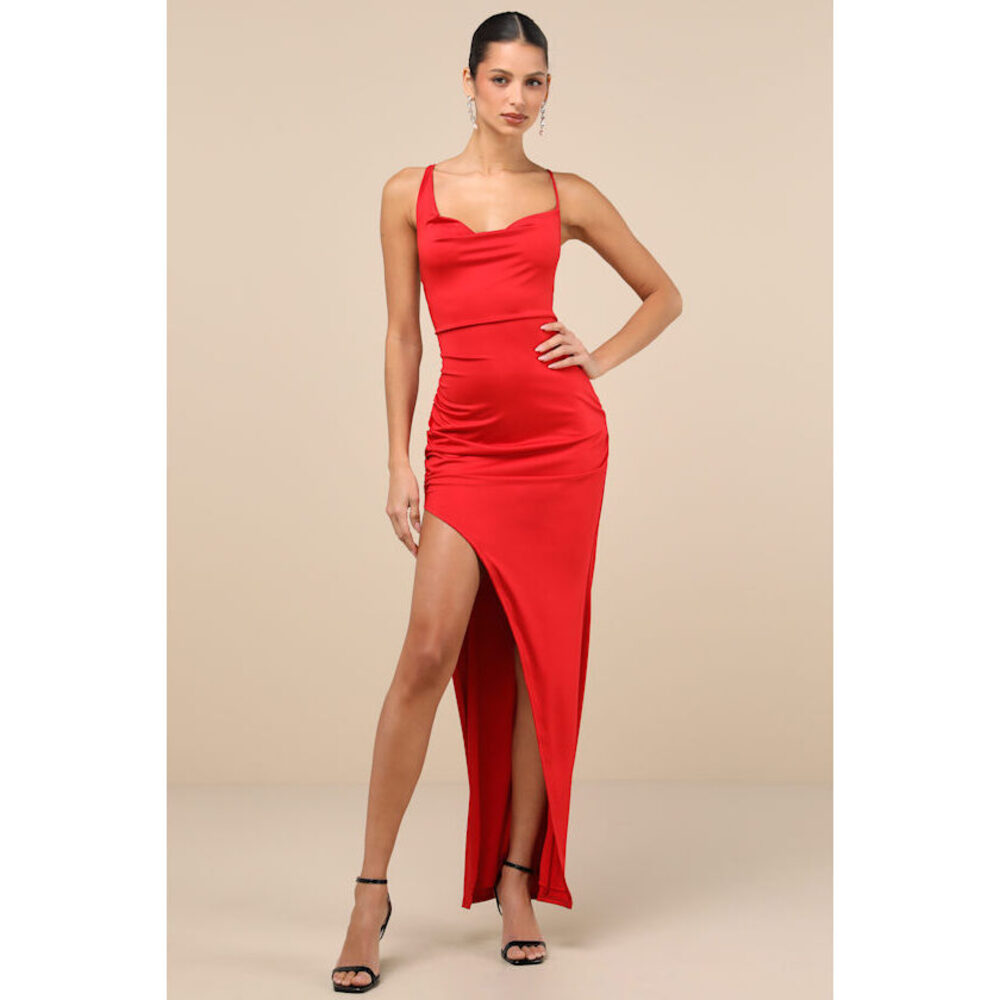 Lulus Stunning Perception Red Slinky Lace-up Maxi Dress - Size L
